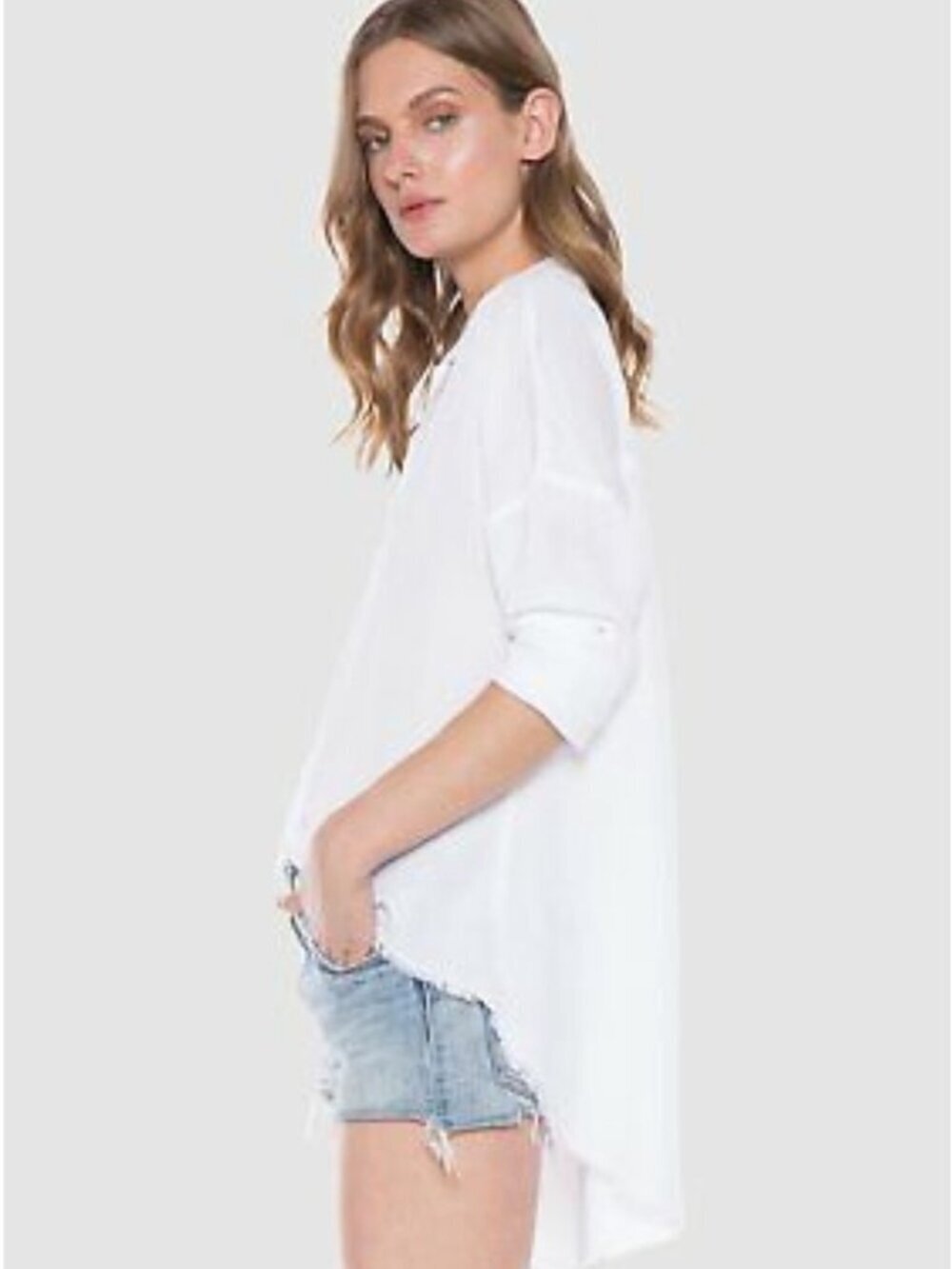 Cloth & Stone frayed hem hi low button front top